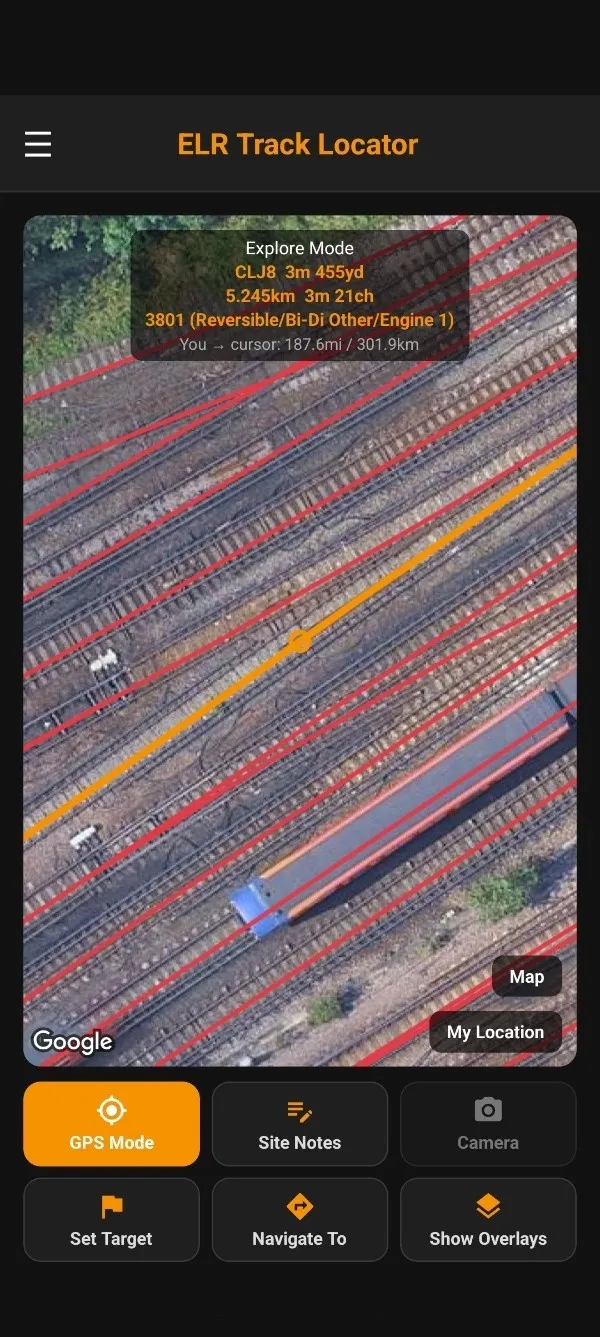 Explore Mode: the map centred on a cursor, with the banner reading the ELR and mileage at the cursor.