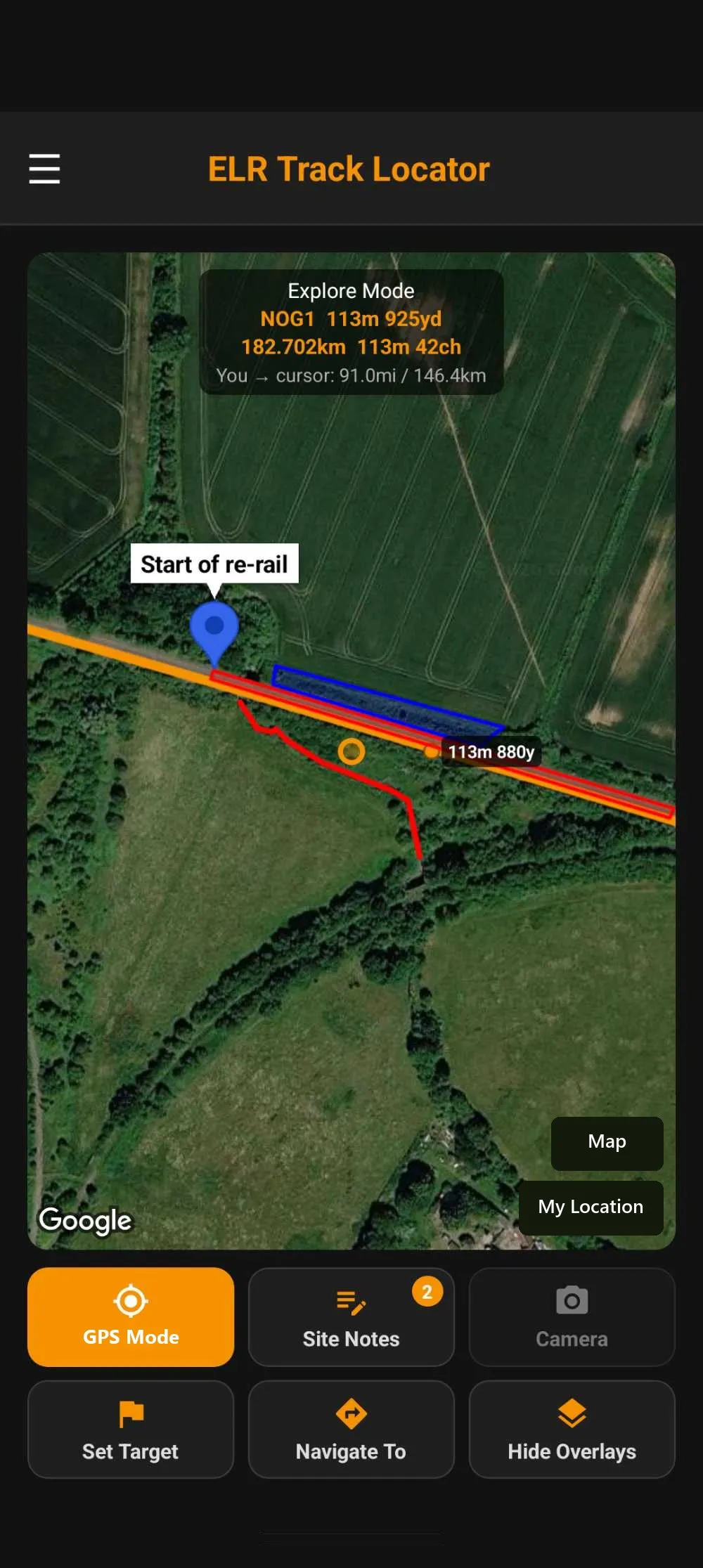 A site KMZ drawn over the railway map, with work areas outlined and the live position on top.