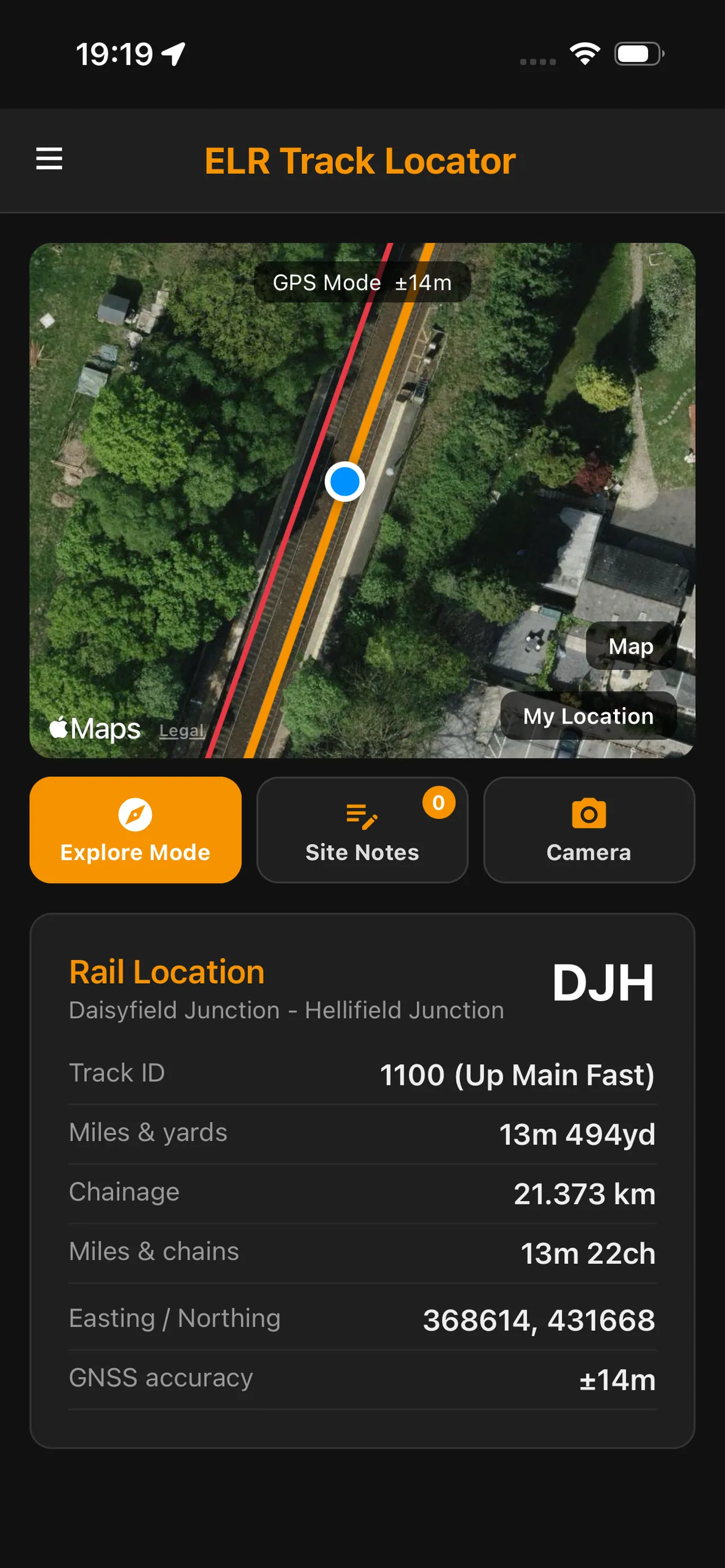 The app on iPhone in GPS Mode over a satellite view, with the Rail Location card showing ELR DJH, track 1100 (Up Main Fast), 13m 494yd and ±14m accuracy.