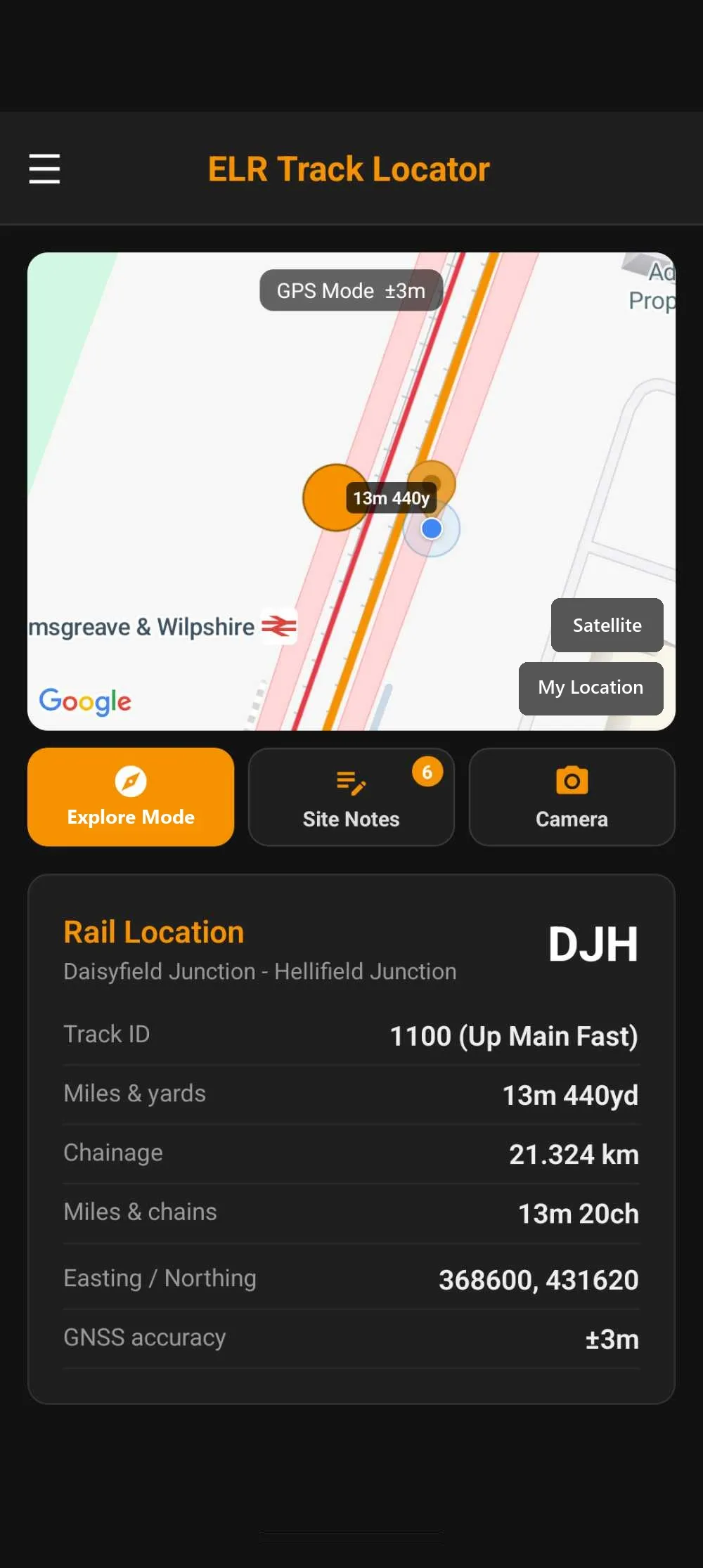The app's main screen: the map with the matched line in orange, and the Rail Location card showing ELR DJH, track 1100 (Up Main Fast), 13m 440yd, 21.324 km chainage, 13m 20ch, grid reference and ±3m accuracy.