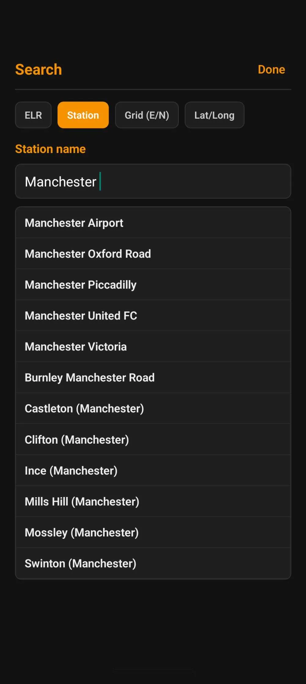 The Search screen, searching stations for Manchester.