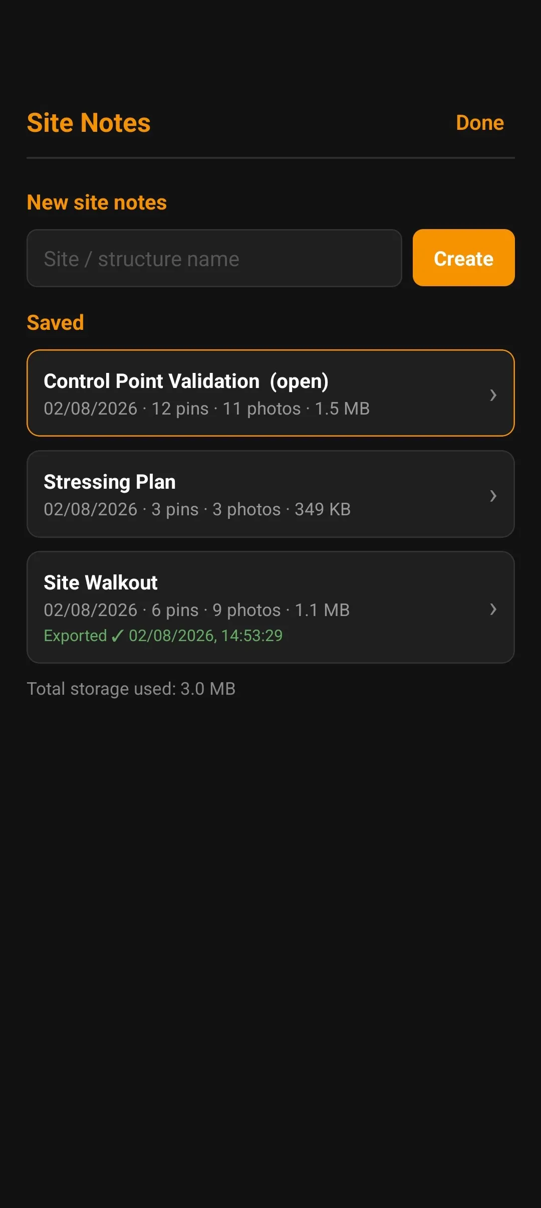 Manage Site Notes: a list of saved sets, each with its pin count, ready to open or export.