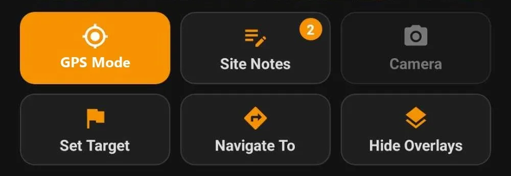 The Explore Mode buttons: GPS Mode, Site Notes, Camera (greyed out), Set Target, Navigate To and Hide Overlays.