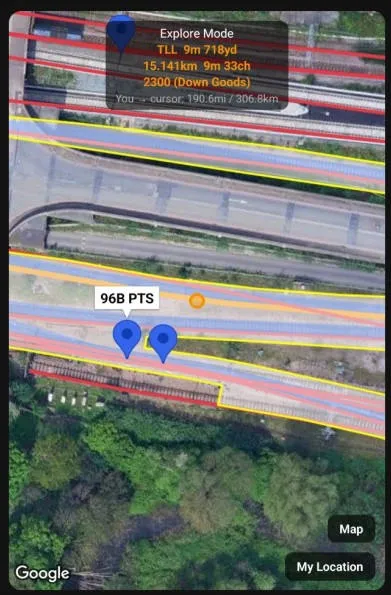 A site KMZ drawn over the railway in Explore Mode, with the banner reading the mileage at the cursor.