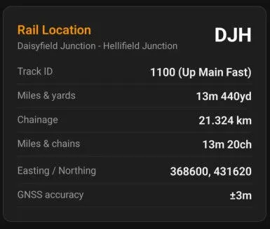 The Rail Location card with Track ID, miles and yards, chainage, miles and chains, easting and northing, and GNSS accuracy.